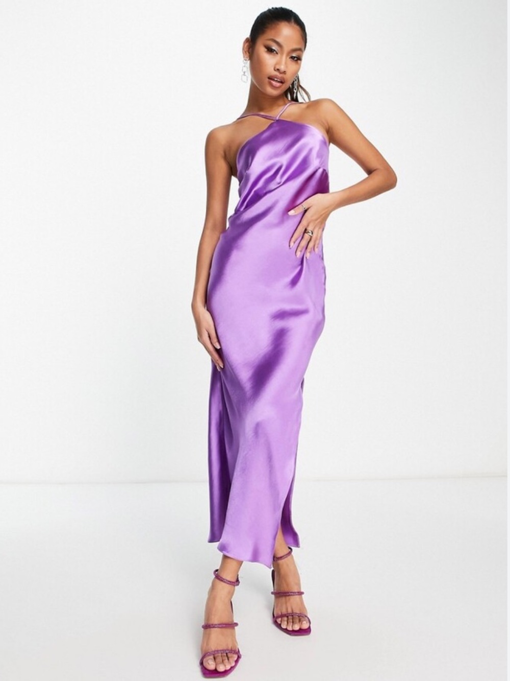 NEW ASOS Purple Satin Halter Neck Midi Dress Side Slit & Lace Up Back Size 10